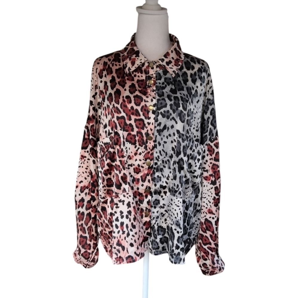 POL Long Sleeve Button Front Color block Leopard Print Blouse Size Medium